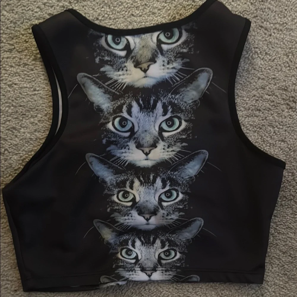 Cat Face Print Black Crop Top